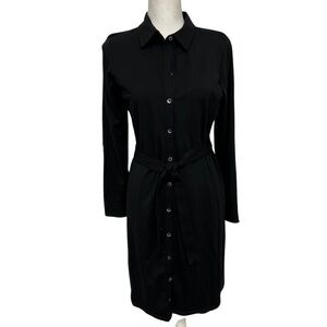 L.L.Bean Button Front Knit Belted Dress Black Size Medium Petite Career Wear NWT